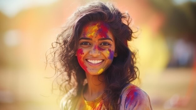 Holy Festival Portrait of happy young Indian woman with face covered with Holi paint