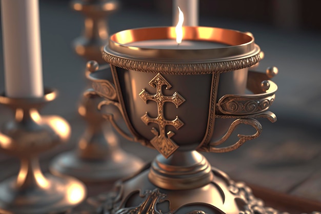 holy grail, bronze and gold cup with christian and religious cross on table illuminated with candlelight created with Generative AI technology