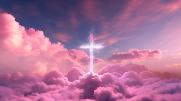 Holy heavenly scene with fluffy clouds sun rays with a cross on top