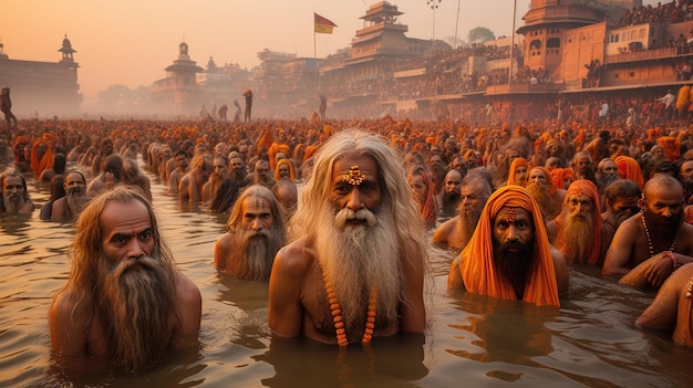 a holy man is surrounded by a group of people in the water.