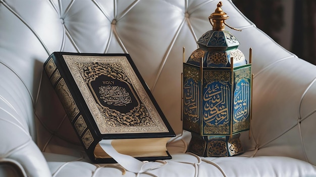 Holy quran and arabic lantern on white