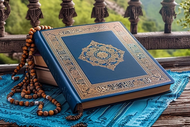 Photo holy quran and beads on blue table in islamic tradition in the style of navy and brown