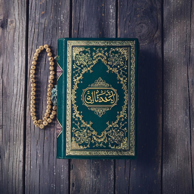 The Holy Quran Muslims holy book Koran The Holy Quran with praying beads on wooden background