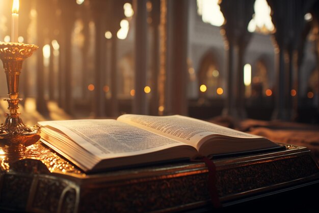 Holy Quran and oil lamp in the mosque Ramadan Kareem