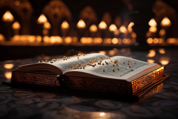 Holy Quran and oil lamp in the mosque Ramadan Kareem