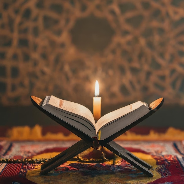 Photo holy quran with burning candle on wooden desk holy quran with burning candle on wooden desk