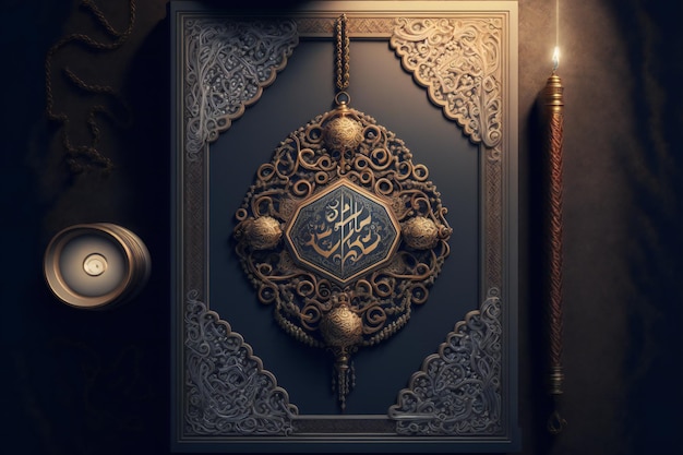 The Holy Quran, written in beautiful Arabic calligraphy, is surrounded by a traditional rosary