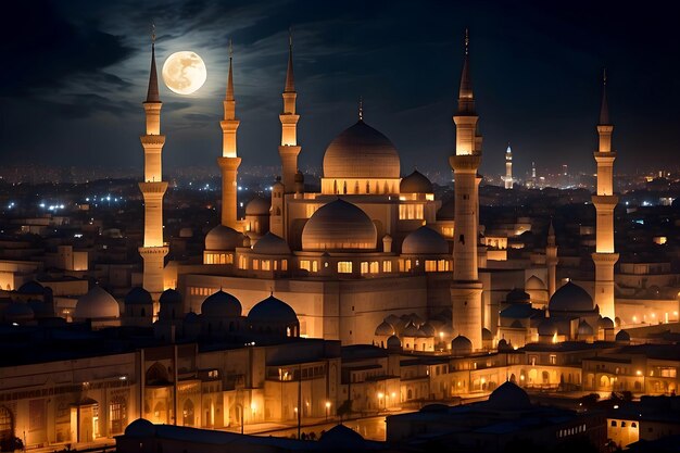 Photo holy ramadan night sky with islamic mosque and full moon background tranquil city wallpaper