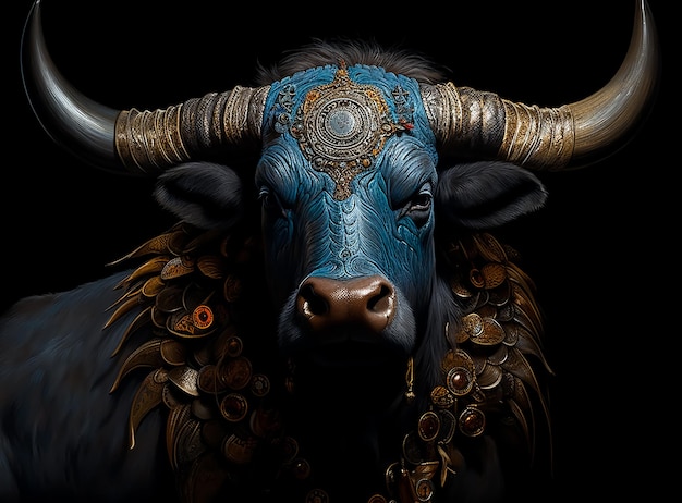 Священный религиозный буйвол в синей окрашенной коже Золотые рога