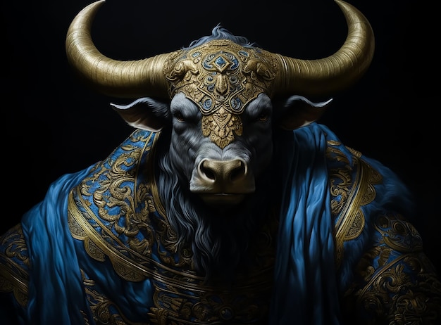 Photo holy religious buffalo in blue painted skin golden horns