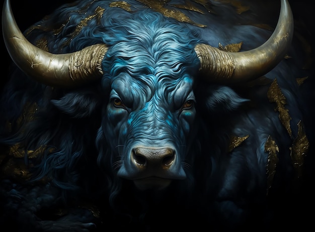 Holy Religious Buffalo in blue painted skin Golden horns