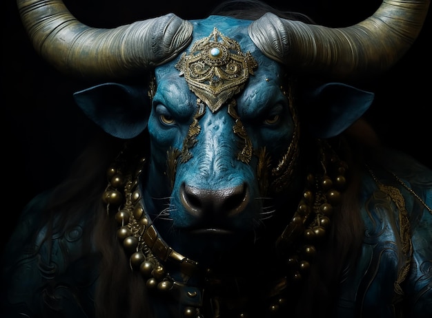 Holy Religious Buffalo in blue painted skin Golden horns