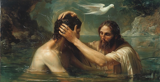 Holy ritual baptism of Jesus John the baptist administers the sacred rite in the Jordan river symbolizing purification and divine commissioning