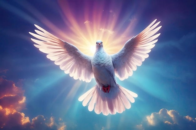 Holy spirit dove flies in blue sky bright light shines from heaven christian symbol gospel story