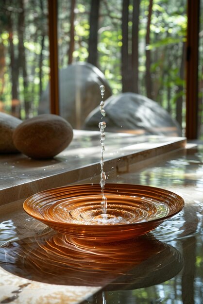 Holy water font with gentle ripples reflecting light