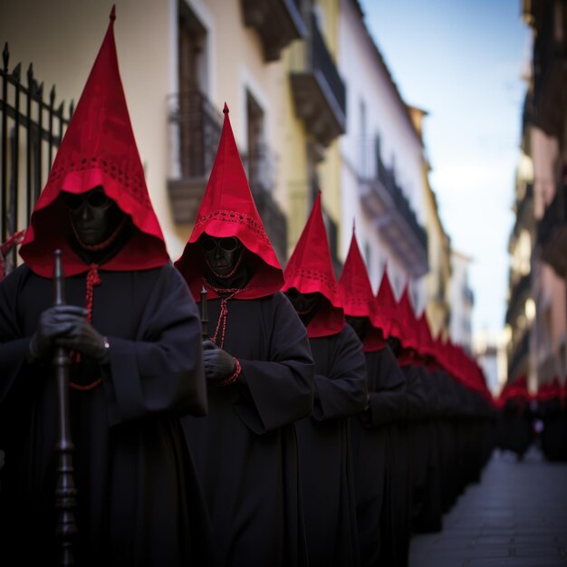 Photo holy week group of penitents holding a cross dresses with vivid colors