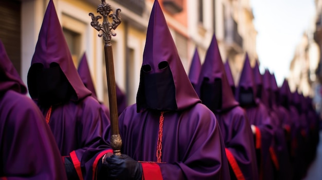 Photo holy week group of penitents holding a cross dresses with vivid colors