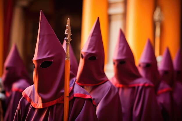 Foto gruppo di penitenti della settimana santa con una croce in abiti dai colori vivaci