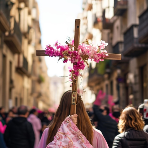 Foto la settimana santa con processioni e preghiere tenendo una croce