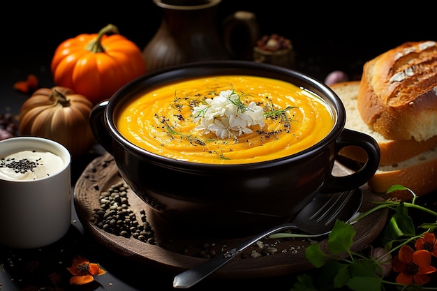 Foto zuppa di zucca casalinga sullo sfondo scuro