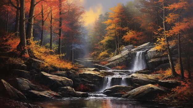 homas kincade style painting of a rock road in ashville mountains of in fall after rain wallpaper