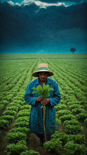 Hombre Agricultor Sosteniendo Planta Verde en campo de agricultura