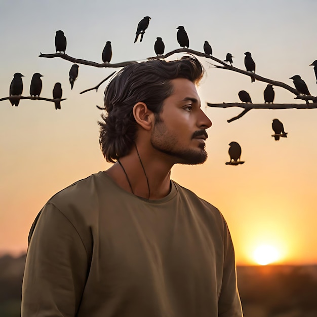 Photo hombre mirando el atardecer con pajaros alrededor ai