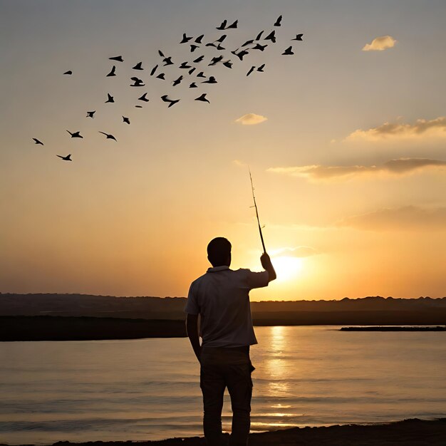 Photo hombre mirando el atardecer con pajaros alrededor ai