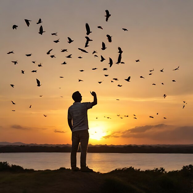 Photo hombre mirando el atardecer con pajaros alrededor ai