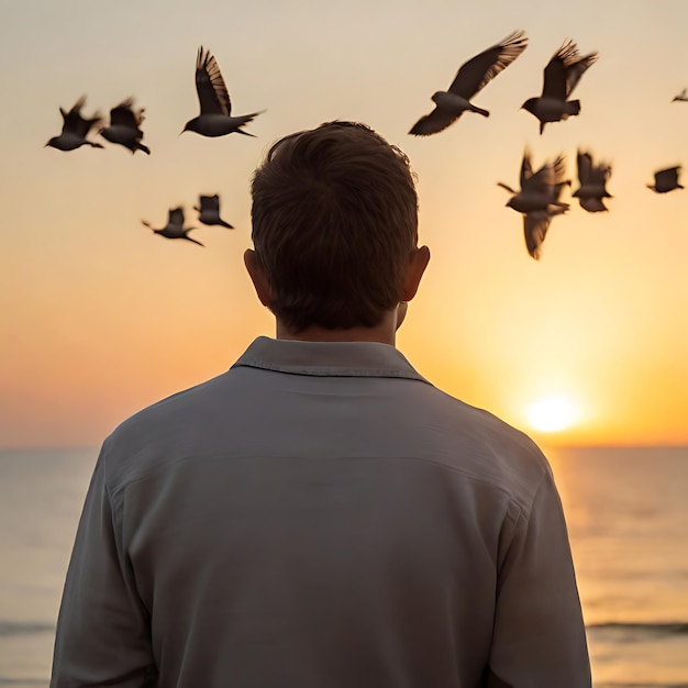 Photo hombre mirando el atardecer con pajaros alrededor ai