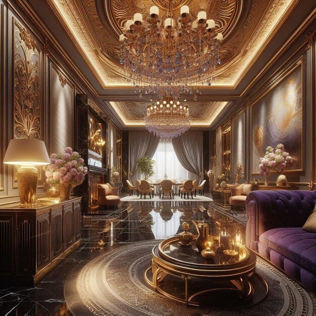 Home adorned embrace of golden purple elegance AI generated