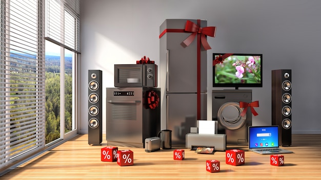 Photo home appliance with ribbons and discounts in interior