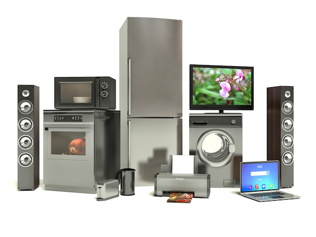 家電。ガスコンロ、テレビシネマ、冷蔵庫エアコン電子レンジ、ラップトップ、洗濯機