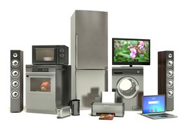 Бытовая техника газовая плита, телевизор, кинотеатр, холодильник, кондиционер, микроволновая печь, ноутбук и стиральная машина.