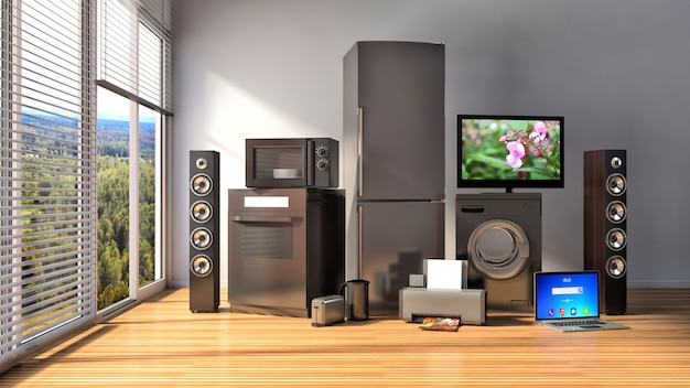 Photo home appliances. gas cooker, tv cinema, refrigerator, microwave, laptop and washing machine. 3d illustration