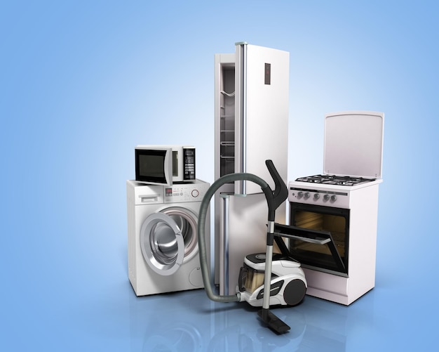 home appliances group of white refrigerator washing machine stove microwave oven vacuum cleaner on blue background 3d
