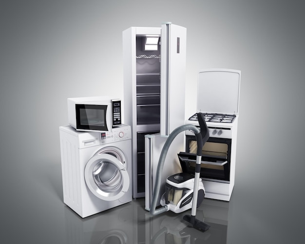 家電 白い冷蔵庫 洗 ⁇ 機 ストーブ マイクロ波オーブン 掃除機 灰色の背景 3d