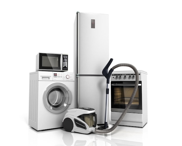 Бытовая техника Группа белого холодильника, стиральной машины, плиты, микроволновой печи, пылесоса, изолированных на белом фоне 3d