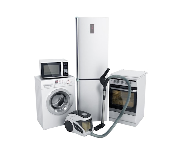 Home appliances Group of white refrigerator washing machine stove microwave oven vacuum cleaner no shadow 3d render