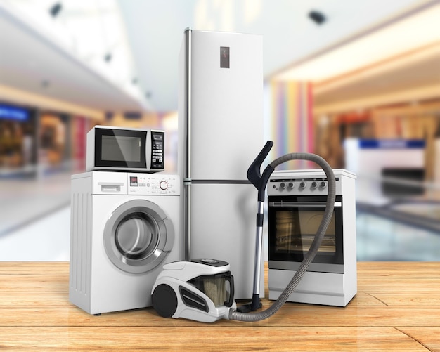 home appliances group of white refrigerator washing machine stove microwave oven vacuum cleaner on wood flor background 3d