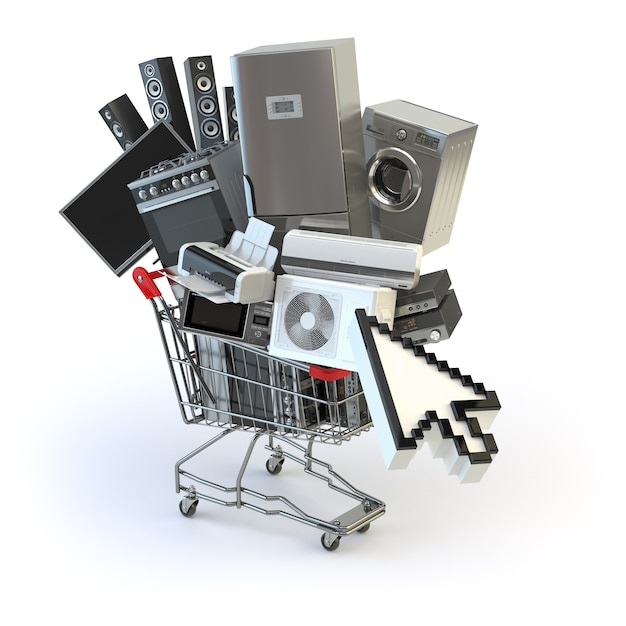 ショッピングカートとカーソルの家電。 Eコマースまたはオンラインショッピングの概念。 3D