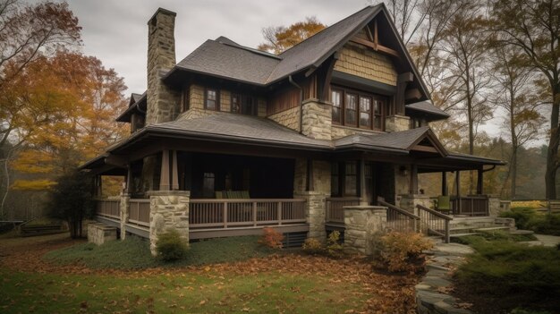 Home architecture design in Farmhouse Style with Wraparound porch