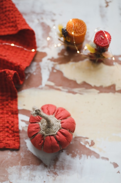 Home autumn decor with cozy fabric pumpkins thanksgiving and halloween concept