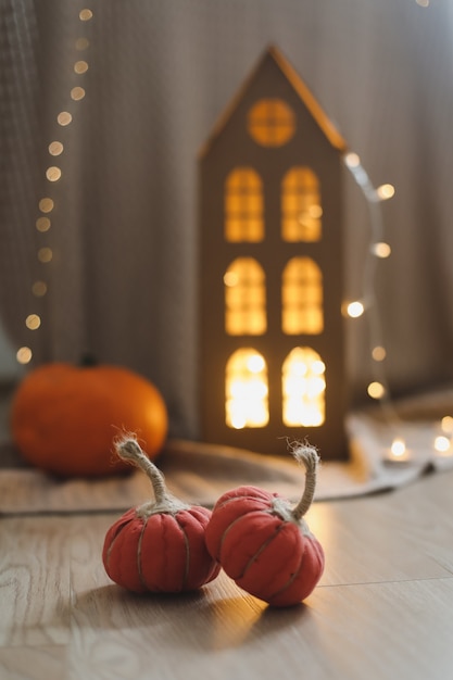 Home autumn decor with cozy fabric pumpkins thanksgiving and halloween concept