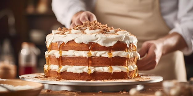 Домашний пекарь добавляет глазуру к слоевому торту, совершенствуя сладкие творения Концепция выпечки торта Декорация методов глазури Слоевые торты сладкое творение