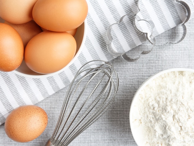 Home baking accessories on gray background