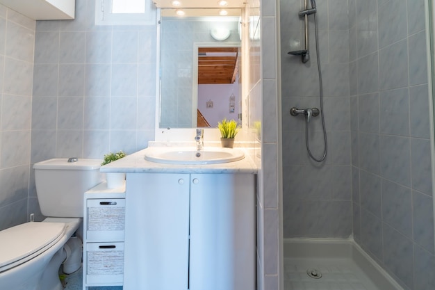 가정용 욕실 타일 유리 샤워 세면대 캐비닛 흰색과 플라스틱 팬티 스타킹이 있는 파란색 디자인 인테리어가 있는 밝은 새 욕실 인테리어
