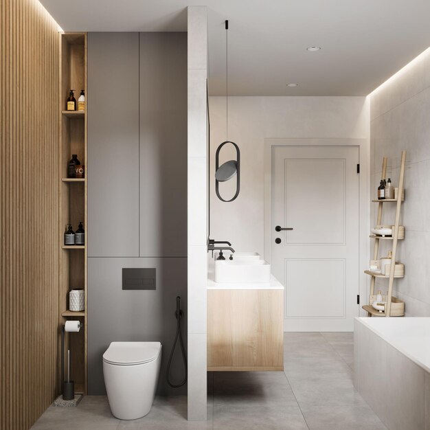 Home bathroom interior in brown and white 3d rendering of a\
domestic bathroom with white toilet bowl and bathroom