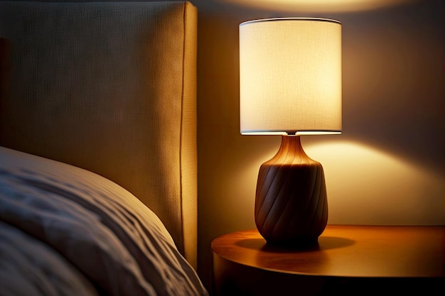 Home bedside lamp with lampshade on wooden pedestal created with generative ai