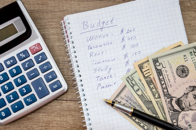 home budget with money, pen and calculator